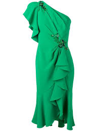 Marchesa Notte One Shoulder Ruffled Dress Green Elegant Cocktail Dress Dresses Emerald Green Dresses