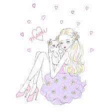 ねこと女の子 illustration イラスト 猫 ねこ cat 花 flower ラベンダー ワンピース dress hair makeup pink love ファンシー ラベンダー イラスト イラスト キュートなアート