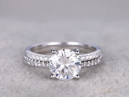 2 Carat Moissanite Engagement Ring Set Diamond Wedding Band White Gold Curve Matching Thin Pave Diamond Wedding Bands Diamond Wedding Sets White Gold Wedding Bands