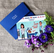 A Quirky Caricature Invitation Of Two Doctors Who Are Going To Be One Happy Family Trendy Wedding Invitations Wedding Invitations Indian Wedding Invitations