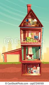 Querschnitt haus stock photos querschnitt haus stock. Vector Cartoon Multistorey Haus In Querschnitt Vector Dreistockiges Haus In Querschnitt Mit Keller Und Garage Cartoon Canstock