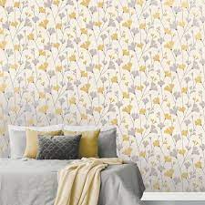 Home › bedroom › grey › ideas › modern. Crown Scandi Modern Floral Mustard Grey Metallic Wallpaper M1529