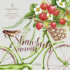 strawberries watercolor summer days vintage bicycle red etsy 2021 ボタニカルプリント いちご イラスト クリップアート
