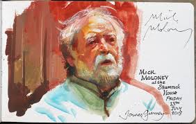 James Gurney Mick Moloney 3 Colors Of Gouache Flame Red Yellow Ochre Peacock Blue And White I Held The Human Painting Irish Musicians Gouache Painting