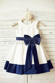 Ivory Satin Flower Girl Dress With Navy Blue Belt Bow Vestidos Infantis Moda Infantil Para Meninas Moda Infantil