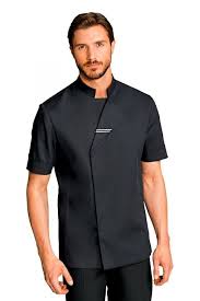 Veste Cuisine Col Officier Avec Revers De Col Garni D Un Passepoil Blanc Boutons Pression Caches Sous Patte Pattes D Veste De Cuisine Uniforme Hotel Veste