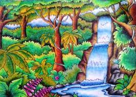 Di lukisan ini terdapat pemandangan danau yang di kelilingi oleh pegunungan. Lukisan Pemandangan Air Terjun Yang Indah Cikimm Com