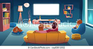 Check spelling or type a new query. Family Sitting On Sofa And Watch Tv In Living Room At Evening Vector Cartoon Illustration Of Lounge Room Interior With Rear Canstock