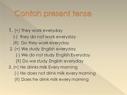 Contoh paragraf simple present tense. 1 Present Tense Digunakan Untuk Menyatakan Suatu Perbuatan Yang Biasa Kita Lakukan Misalnya Setiap Hari Setiap Minggu Setiap Bulan Dan Setiap Tahun Ppt Download
