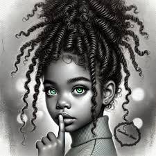 Inspired by Taia Matthews artistic watercolor with oil tinting image in  grey scale of a young afro-asian girl, age 7 curly twisted locs intricately  styled high bun, striking heavily accentuated eyes, piercing