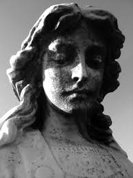 statue, carving, cemetery, angel, sculpture, figure, face, tombstone, sad,  black and white, graveyard