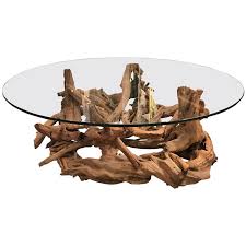 Round glass top coffee table side table with black wood base. Round Driftwood Coffee Table With Glass Top At 1stdibs