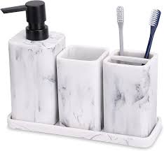 Check spelling or type a new query. Amazon Com Zccz Bathroom Accessory Sets 4 Pieces Bathroom Accessories Complete Set Vanity Countertop Accessory Set With Marble Look Includes Lotion Dispenser Soap Pump Tumbler Toothbrush Holder And Tray Home Kitchen