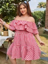 Shein Plus Off Shoulder Ruffle Trim Gingham Dress Shein