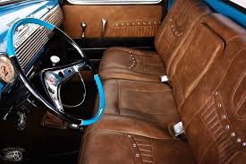 Saddle Leather And Grommet Reupholstered Second Row Suburban Bench Seat Pic 1 Truck Interior Pickup Trucks 1954 Chevy Truck