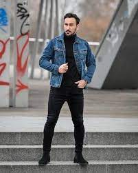 This is my preferred way of styling a denim jacket and it's probably the easiest to pull off. Men S Blue Denim Jacket Black Turtleneck Black Skinny Jeans Black Suede Chelsea Boots Denim Jacket Men Outfit Denim Outfit Men Black Chelsea Boots Outfit