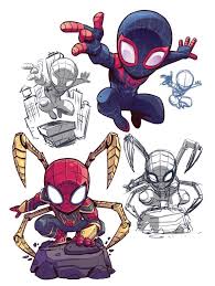 Miles Morales Spider Man Peter Parker Iron Spider In 2020 Spiderman Artwork Chibi Marvel Marvel Drawings