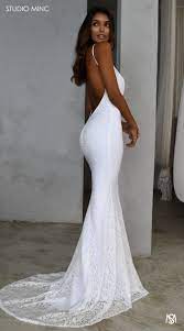 White Daring Studio Minc Rouched Bottom Completely Backless And Fitted Fishtail Wedding Dresses Lace Wedding Dress Low Back Wedding Dresses