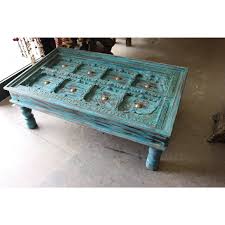 Antique Teal Blue Brass Medallion Table With Old Door Carved Top Wood Vintage Brass Hardware This Bea Antique Coffee Tables Coffee Table Rustic Coffee Tables