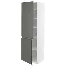A light color mosaic backsplash tile provides plenty of visual interest and contrast as a backdrop for gray kitchen cabinets. Metod White Voxtorp Dark Grey High Cabinet With Shelves 2 Doors 60x60x200 Cm Ikea