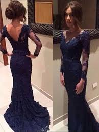 Long Sleeves Lace Navy Blue Prom Dresses V Neck Open Back Evening Dresses M68 Mermaid Prom Dresses Lace Prom Dresses Long With Sleeves Prom Dresses Blue