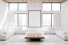 Along with the reclaimed wood, the coffee table expresses its character with развернуть. White Living Room Interior With Two White Sofas A Coffee Table Large Windows A Carpet And A Poster 3d Rendering Mock Up Stock Photo Picture And Royalty Free Image Image 85552982