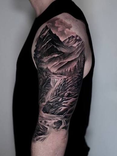 I love nature scenes- they're so timeless!! ⛰️BOOKING MELBOURNE JULY 15-29 🇦🇺🙌🏻 Dm me to inquire! #melbourne #tattoo #realismtattoo #blackandgrey #geelong