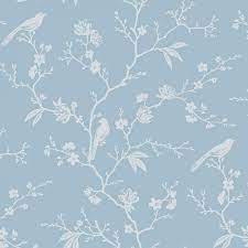 Make your home look amazing! Floral Wallpaper Chinoiserie Trail 121725 Flowers Birds White Sky Blue Office Living Room