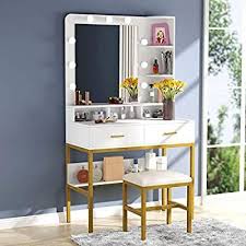 Amazon Com Tribesigns Vanity Table Set With Lighted Mirror Stool Makeup Vanity Dressing Table With 9 Lights 2 D In 2020 Vanity Table Set Mirror Stool Vanity Table