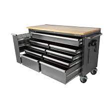 Husky 61 In W 10 Drawer Deep Tool Chest Mobile Workbench In Metallic Silver With Sliding Vertical Bin Storage Drawer H61mwc10sr The Home Depot In 2021 Tool Box Storage Storage Bins Mobile Workbench