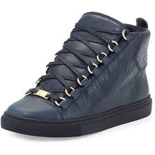 Balenciaga Arena Leather High Top Sneaker 585 Liked On Polyvore Featuring Shoes Sneakers Navy High Top Sneakers Leather High Tops Navy Blue Shoes Flats