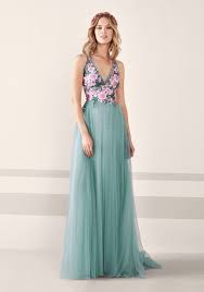 Pronovias 2019 A V Neck Flared Cocktail Dress With Multicoloured Floral Motifs Over Illusion Bodice And Back Evening Dress Fashion Dresses Beautiful Dresses