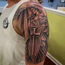 Grey ink archangel tattoo on half sleeve for men. Stmichaeltattoo Hashtag On Twitter