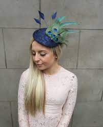 Large Navy Blue Green Peacock Feather Hat Fascinator Headband Races Hair 5319 Fascinators