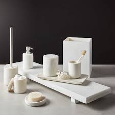The tray is perfect for neatly arranging your perfume, shampoo, lotion bottl. Marble Bath Accessories Cb2