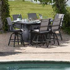 This fire pit can to the right is a bar area, while to the left is a hot tub and more sunbathing lounge chairs. Mallin Dakoda Sling Modern Counter Height Outdoor Fire Pit Set Ml Dakodasling Set1