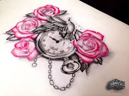 Black And Grey Flower Tattoos With Color Tattoo Draw Ideas Flower Time Rose Color Black And Grey Pink Realiste Rose Tattoos Clock Tattoo Tattoo Designs