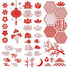 Chinese New Year Elements Festive Oriental Asian Style Red Cloud Flowers And Moon Bamboo And Sakura Lotus L Chinese Patterns Japanese Patterns Chinese Art