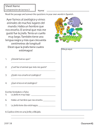 Respond To Passage Zoo Spanishworksheet Newteachers Printable Reading Comprehension Worksheets Spanish Reading Comprehension Spanish Worksheets