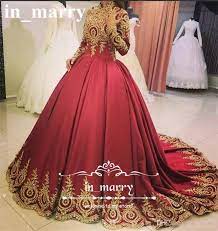Red Muslim Arabic Ball Gown Evening Dresses With Gold Lace Appliques 2017 High Neck Long Sleeves Plus Size Islamic Formal Prom Party Gowns From In Marry 203 3 Burgundy Wedding Dress Red Wedding