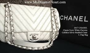 Sold 2017 Chanel Classic Ivory White Chevron Calfskin Silver Studded Chain L Flap Bag My Dreamz Closet