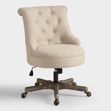 With A Distressed Gray Wood Base Warm Ivory Polyester Upholstery And Button Tufting Our R Upholstered Office Chair Farmhouse Office Chairs Home Office Chairs