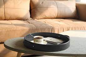 18.25'' w x 18.25'' l x 2.25'' h. Ms Box Top Nocth Pu Leather Round Serving Tray Storage Tray With Handles Coffee Tray Ottoman Tray For Home Or Office Dark Grey Diameter 14 6 Inch Buy Online At Best Price In Uae