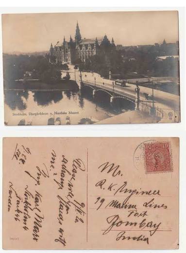 SWEDEN 1920 REAL PHOTO PICTURE POSTCARD ROYAL PALACE BRIDGE TRAM HORSE CART STOCKHOLM > INDIA BOMBAY
