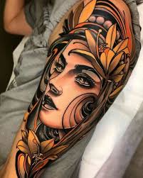 The whole design is painted with black and tints of grey. Female Face Surrounded By Flowers Arm Tattoo Traditional Tattoo Designs Floral Traditional Tattoo Design Traditional Tattoo Woman Traditional Tattoo Woman Face