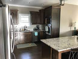 Dark Walnut Stained Cabinets Alaska White Granite White Subway Tile Backsplash With Hot Cocoa Grou Kitchen Dining Room Combo New Kitchen New Kitchen Cabinets