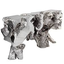 Amazing gallery of interior design and decorating ideas of silver sequoia console table in living rooms, dens/libraries/offices, bathrooms eclectic and bright office vignette featuring silver z gallerie sequoia console table displaying, gold mercury glass vase cylinder filled with violet tulips and urn. Metallic Tree Trunk Decor Sequoia Console Table