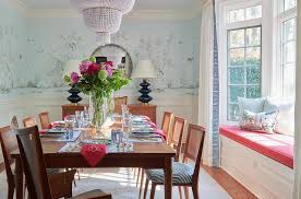 Regency british colonial dining room decor. Dining Room Bay Window Bench With Blue Greek Key Curtains Transitional Dining Room