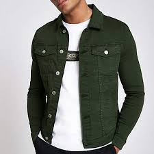 Dark Green Muscle Fit Denim Jacket Denim Jacket Men Outfit Fitted Denim Jacket Green Denim Jacket