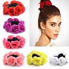 Omsj Big Rose Flower Elastics Hair Holders Rubber Bands Girls Cute Tie Gum Fabric Hot Wreaths Flower Hair Band Flower Hair Accessories Wedding Hair Accessories